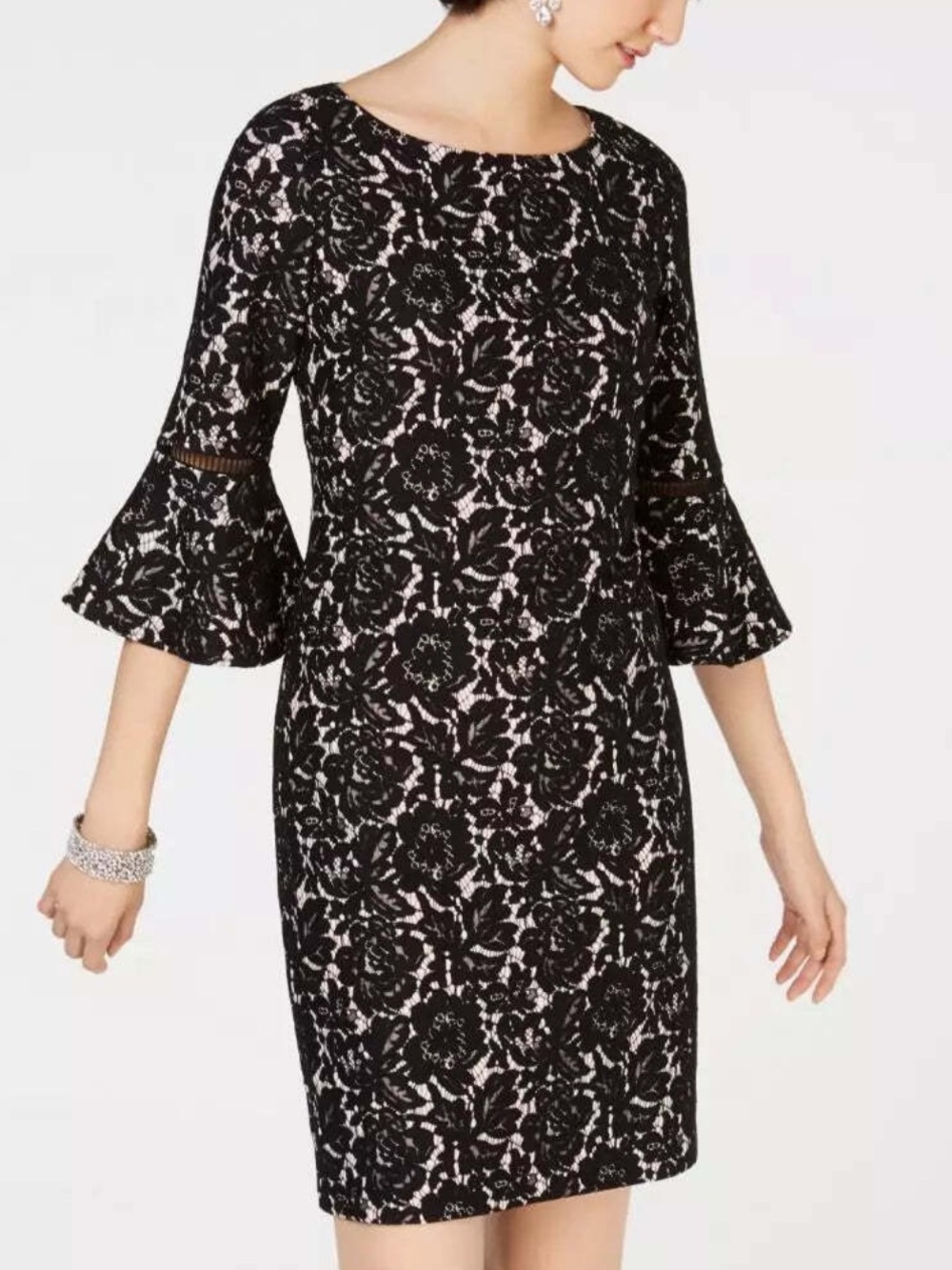 Jessica Howard Black Floral Lace Bell-Sleeve Sheath Dress‎